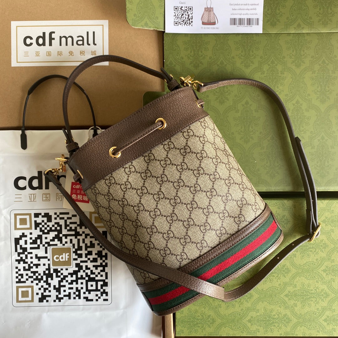 GUCCI OPHIDIA MEDIUM BUCKET BAG 26 WITH WEB IN BEIGE EBONY CANVAS MIX BROWN CALFSKIN