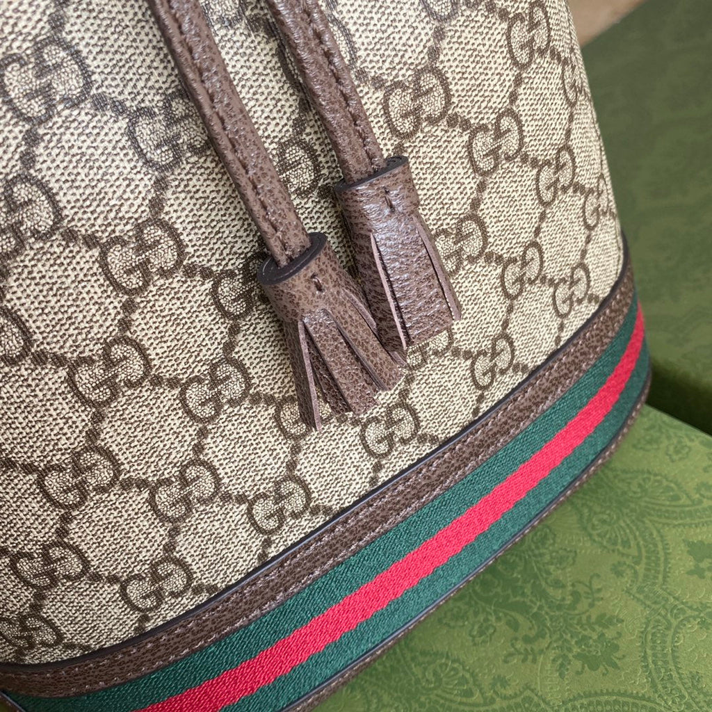 GUCCI OPHIDIA MEDIUM BUCKET BAG 26 WITH WEB IN BEIGE EBONY CANVAS MIX BROWN CALFSKIN