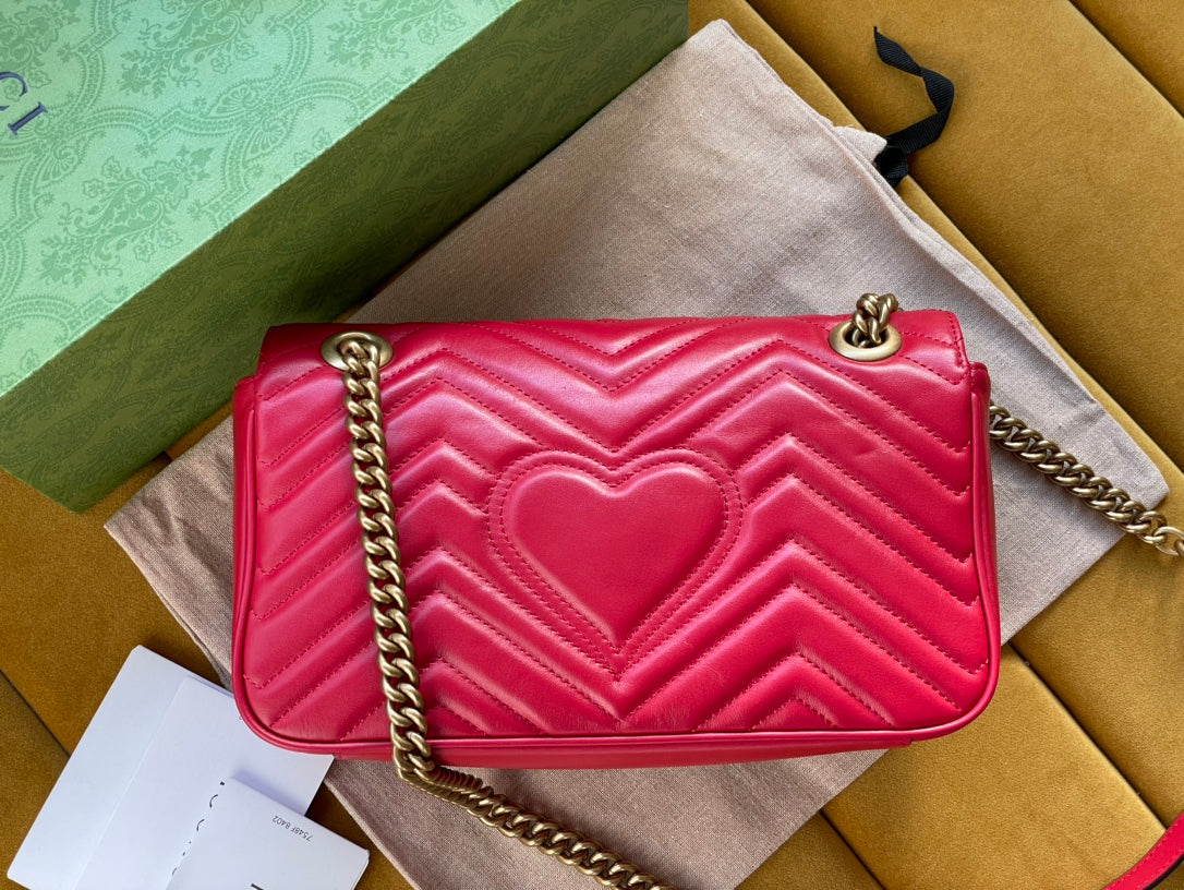 GUCCI MARMONT MATELASSÉ LARGE 26 BAG RED PINK CALFSKIN