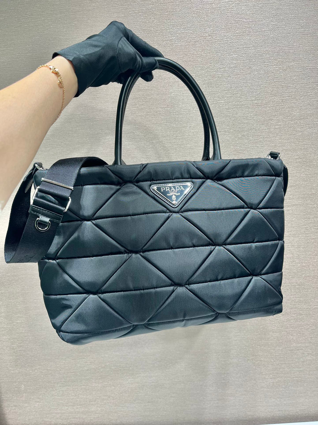 PRADA TRIANGLE PATTERN TOTE BAG 33 IN BLACK QUILTED RE-NYLON