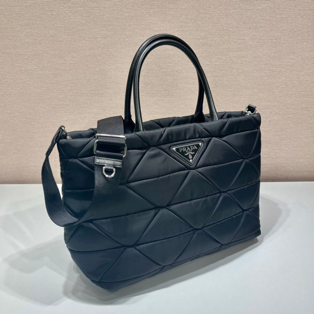 PRADA TRIANGLE PATTERN TOTE BAG 33 IN BLACK QUILTED RE-NYLON