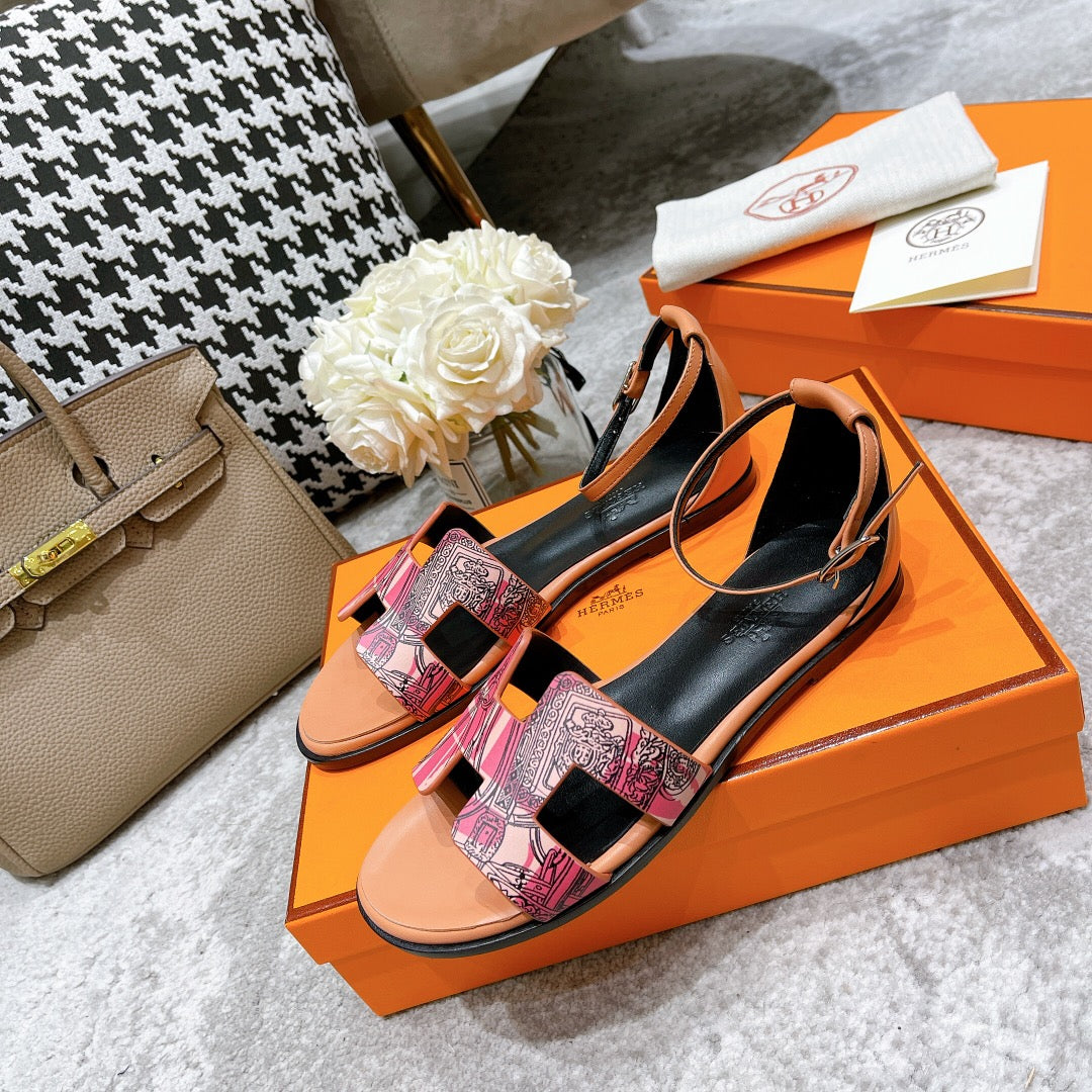 HERMES SANTORINI SANDAL BLACK MIX LIGHT PINK CALFSKIN WITH PATTERN