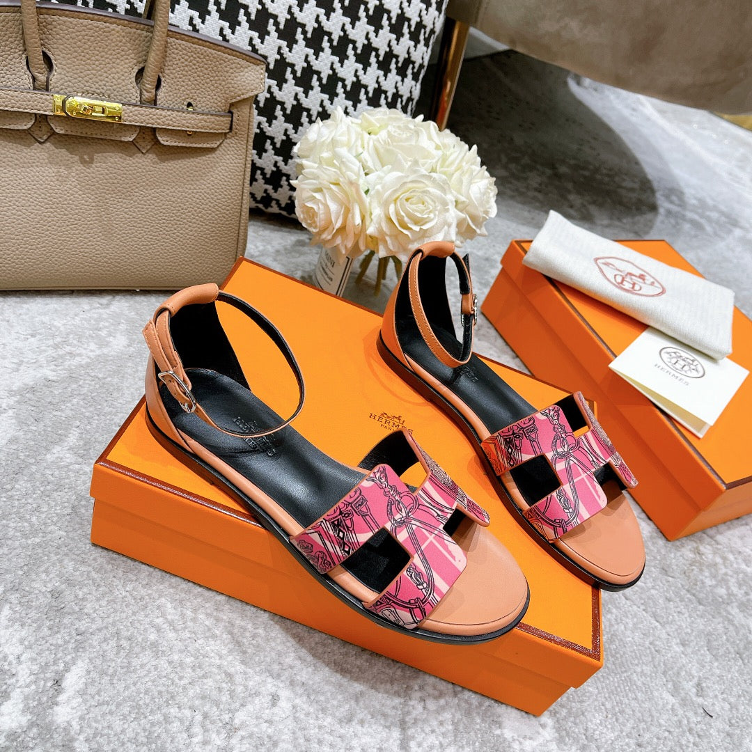 HERMES SANTORINI SANDAL BLACK MIX LIGHT PINK CALFSKIN WITH PATTERN