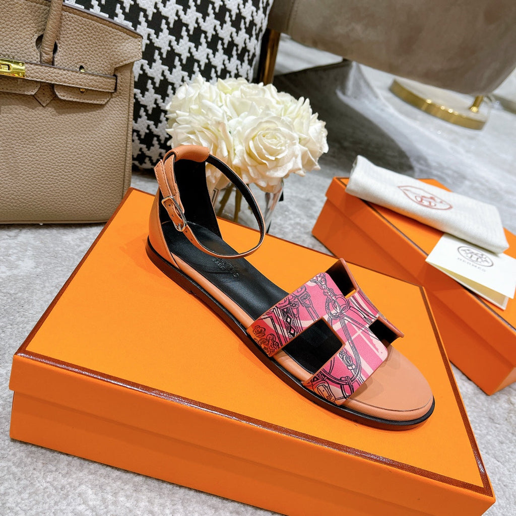 HERMES SANTORINI SANDAL BLACK MIX LIGHT PINK CALFSKIN WITH PATTERN
