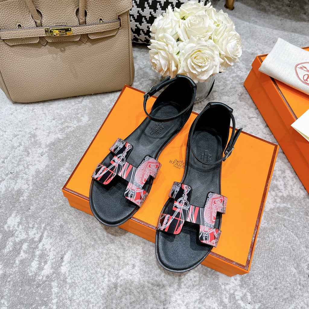 HERMES SANTORINI SANDAL BLACK CALFSKIN WITH PATTERN