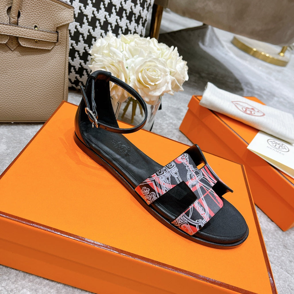 HERMES SANTORINI SANDAL BLACK CALFSKIN WITH PATTERN