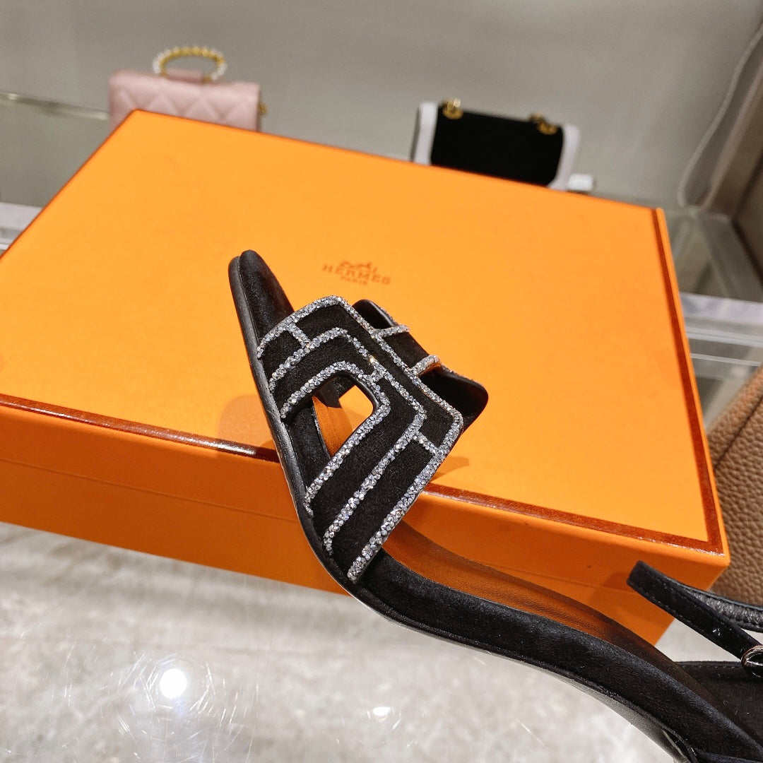 HERMES PREMIERE 90 SANDAL IN BLACK SUEDE WITH RHINSTONES