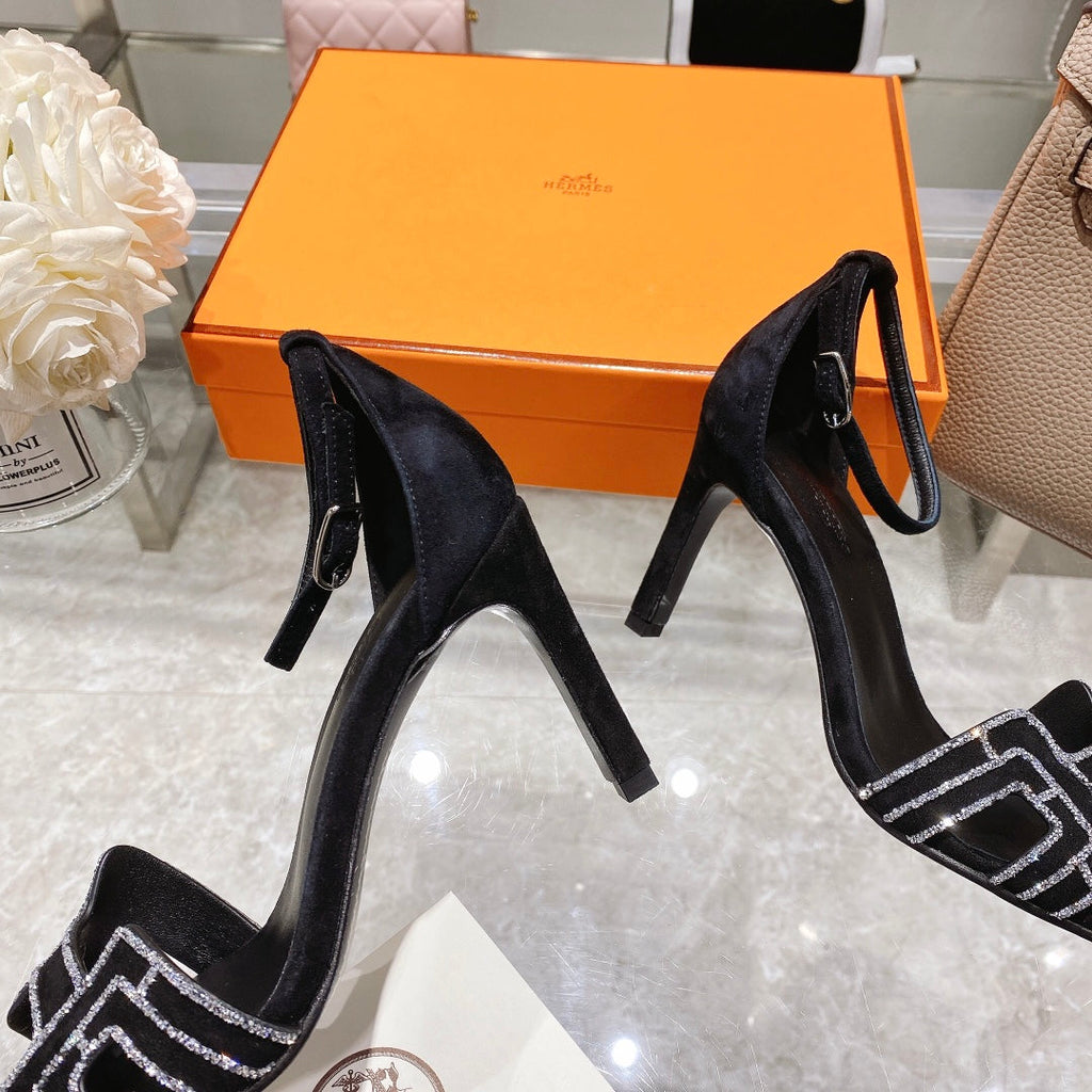 HERMES PREMIERE 90 SANDAL IN BLACK SUEDE WITH RHINSTONES