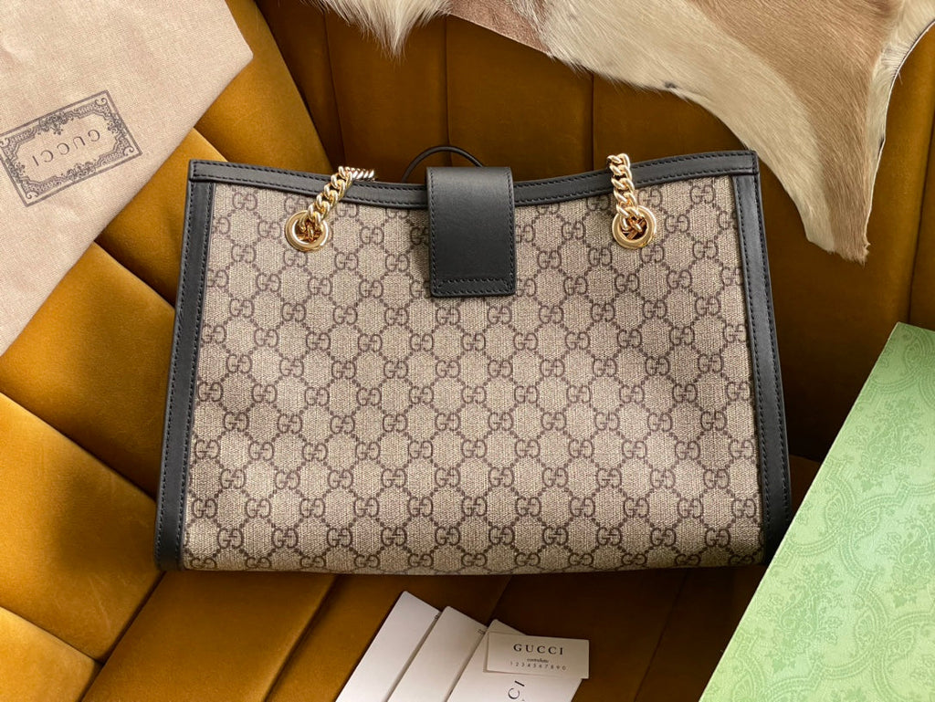 GUCCI PADLOCK LARGE 35 SHOULDER BAG BEIGE CANVAS AND BLACK CALFSKIN