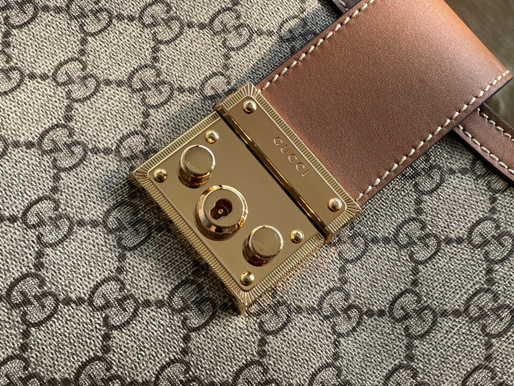GUCCI PADLOCK LARGE 35 SHOULDER BAG BEIGE CANVAS AND BROWN CALFSKIN