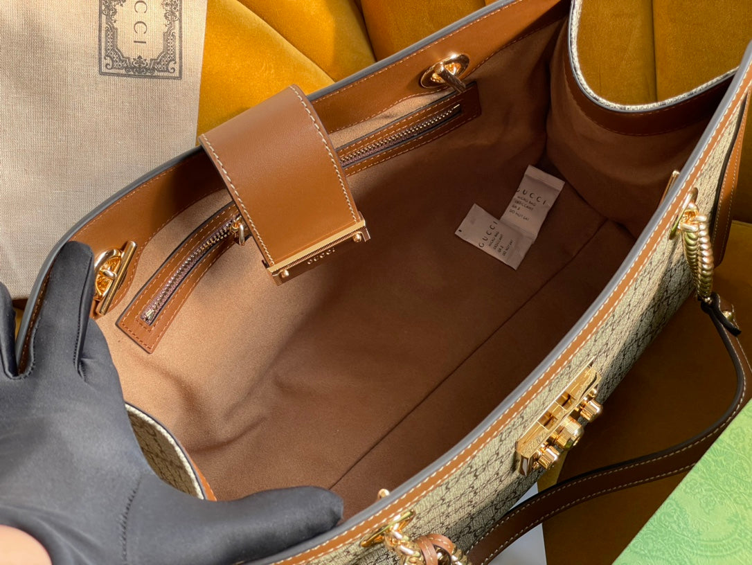 GUCCI PADLOCK LARGE 35 SHOULDER BAG BEIGE CANVAS AND BROWN CALFSKIN