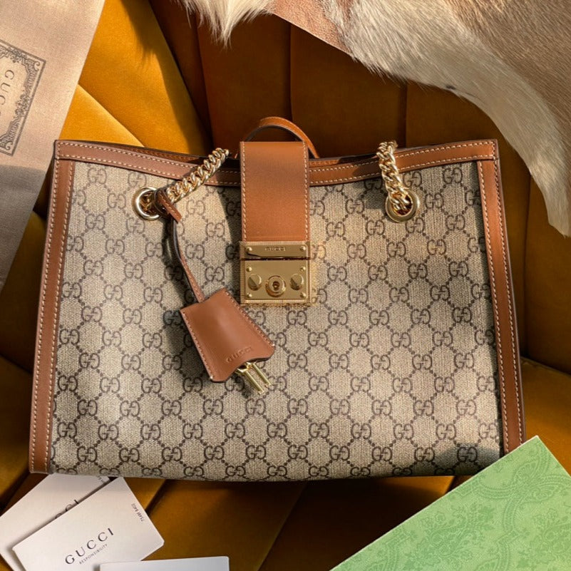 GUCCI PADLOCK LARGE 35 SHOULDER BAG BEIGE CANVAS AND BROWN CALFSKIN
