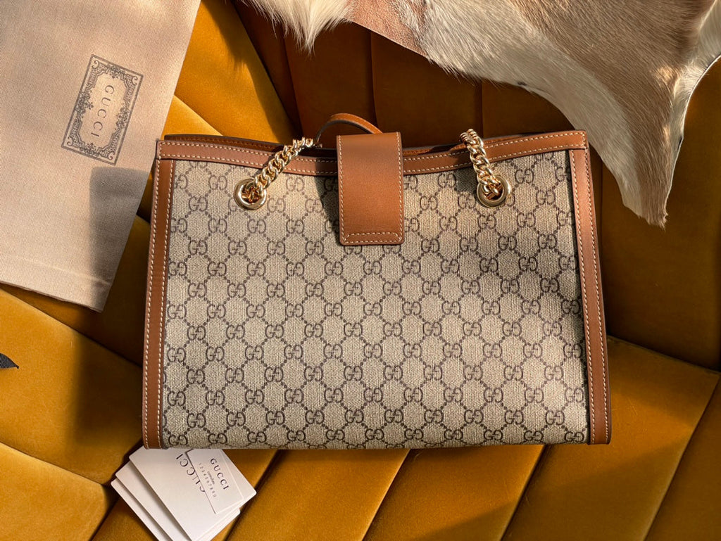 GUCCI PADLOCK LARGE 35 SHOULDER BAG BEIGE CANVAS AND BROWN CALFSKIN