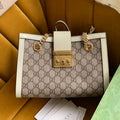 GUCCI PADLOCK MEDIUM 26 SHOULDER BAG BEIGE CANVAS AND WHITE CALFSKIN