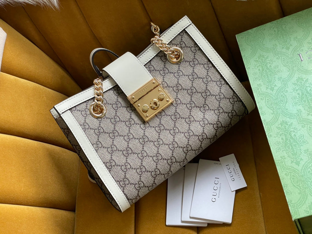 GUCCI PADLOCK MEDIUM 26 SHOULDER BAG BEIGE CANVAS AND WHITE CALFSKIN