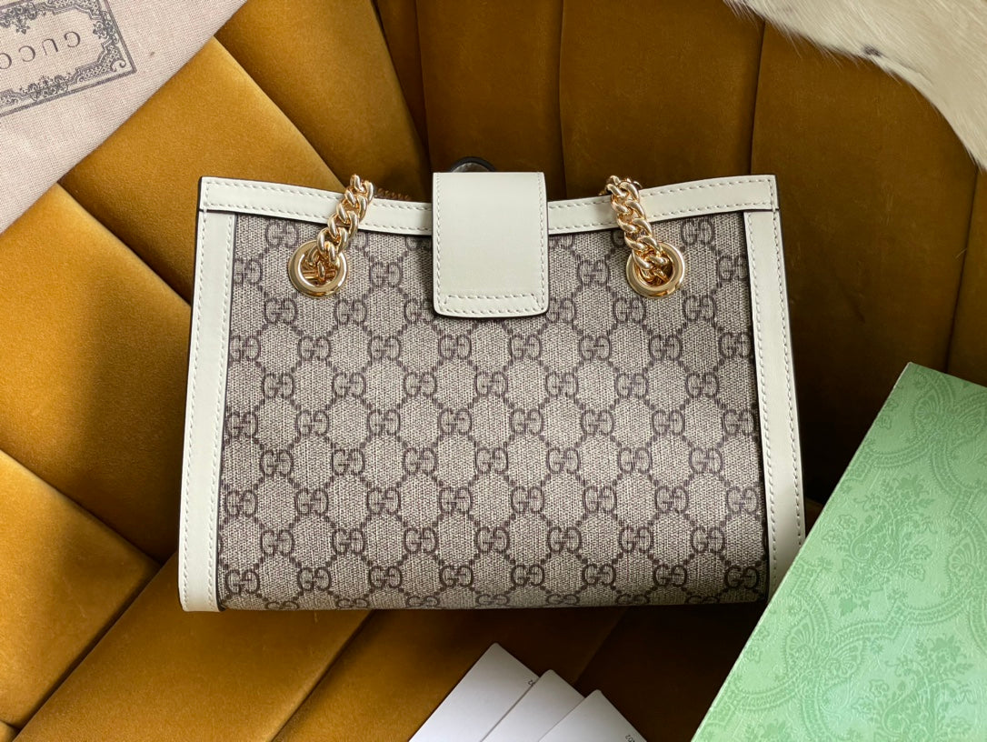 GUCCI PADLOCK MEDIUM 26 SHOULDER BAG BEIGE CANVAS AND WHITE CALFSKIN