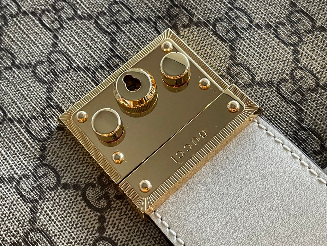GUCCI PADLOCK MEDIUM 26 SHOULDER BAG BEIGE CANVAS AND WHITE CALFSKIN