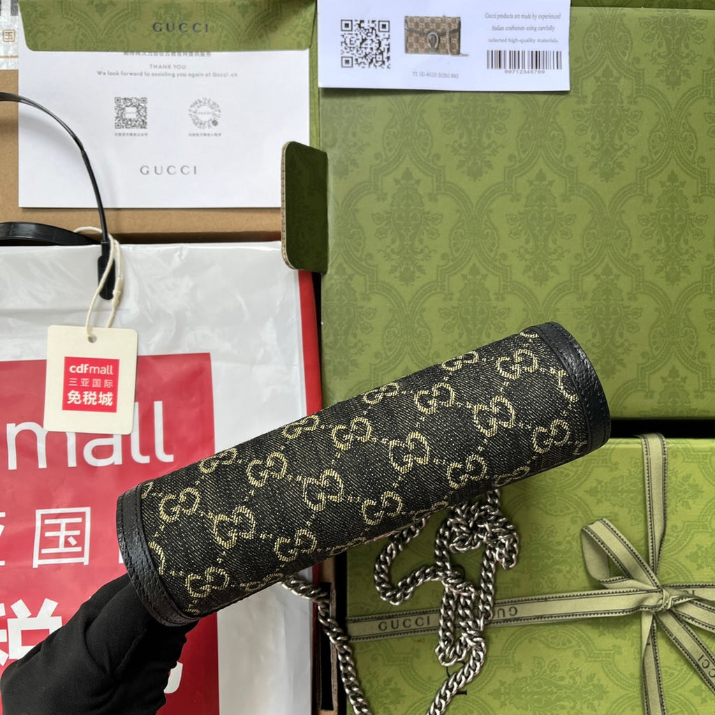 GUCCI DYONYSUS SHOULDER BAG 20 IN BLACK YELLOW DENIM AND BLACK CALFSKIN TRIM SILVER HARDWARE