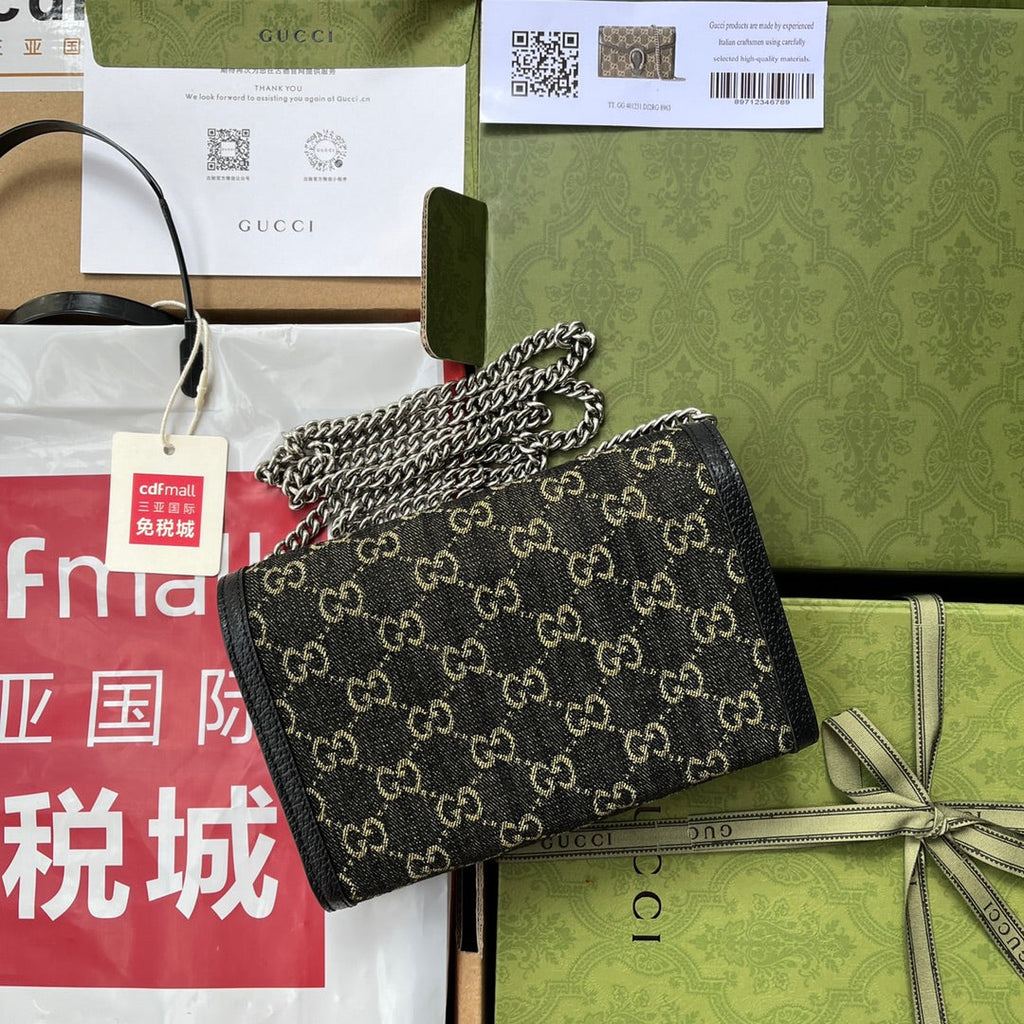 GUCCI DYONYSUS SHOULDER BAG 20 IN BLACK YELLOW DENIM AND BLACK CALFSKIN TRIM SILVER HARDWARE
