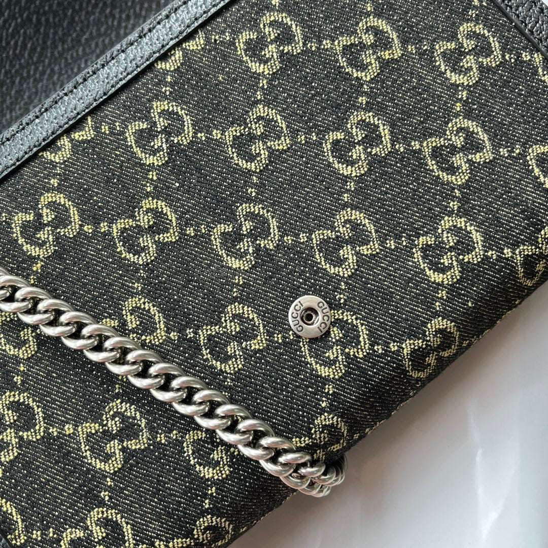 GUCCI DYONYSUS SHOULDER BAG 20 IN BLACK YELLOW DENIM AND BLACK CALFSKIN TRIM SILVER HARDWARE