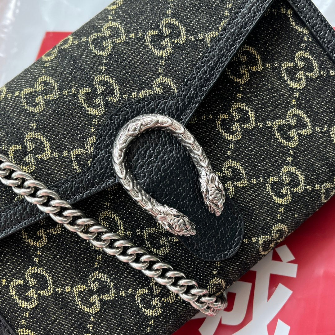 GUCCI DYONYSUS SHOULDER BAG 20 IN BLACK YELLOW DENIM AND BLACK CALFSKIN TRIM SILVER HARDWARE