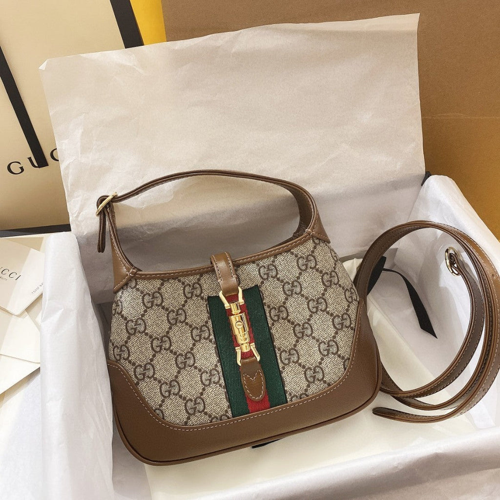 GUCCI JACKIE 1961 SMALL 28 SHOULDER BAG IN BEIGE CANVAS AND BROWN CALFSKIN