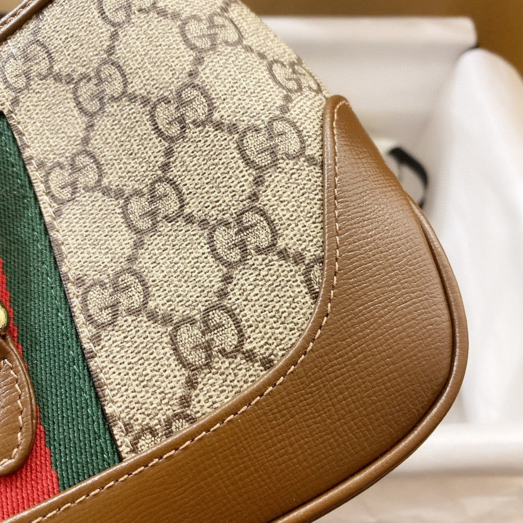 GUCCI JACKIE 1961 SMALL 28 SHOULDER BAG IN BEIGE CANVAS AND BROWN CALFSKIN