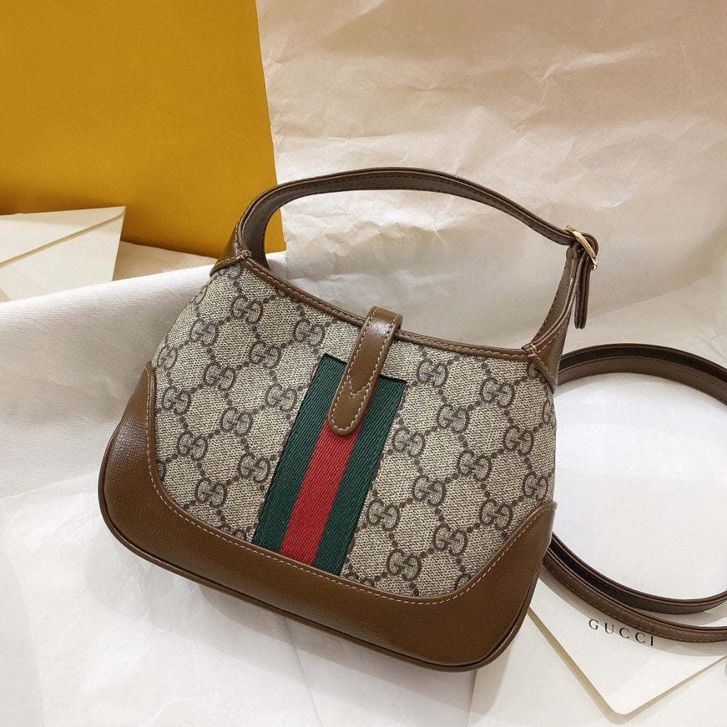 GUCCI JACKIE 1961 SMALL 28 SHOULDER BAG IN BEIGE CANVAS AND BROWN CALFSKIN