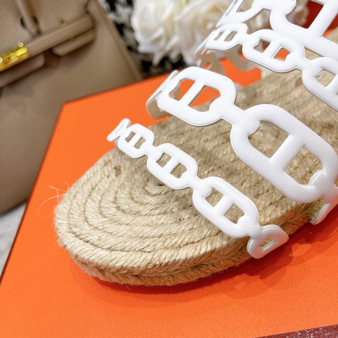 HERMES STRAW SOLE SLIPPERS WHITE LAMBSKIN