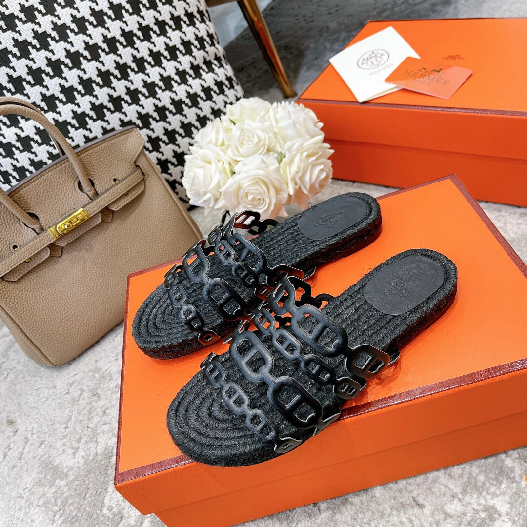HERMES BLACK STRAW SOLE SLIPPERS BLACK LAMBSKIN