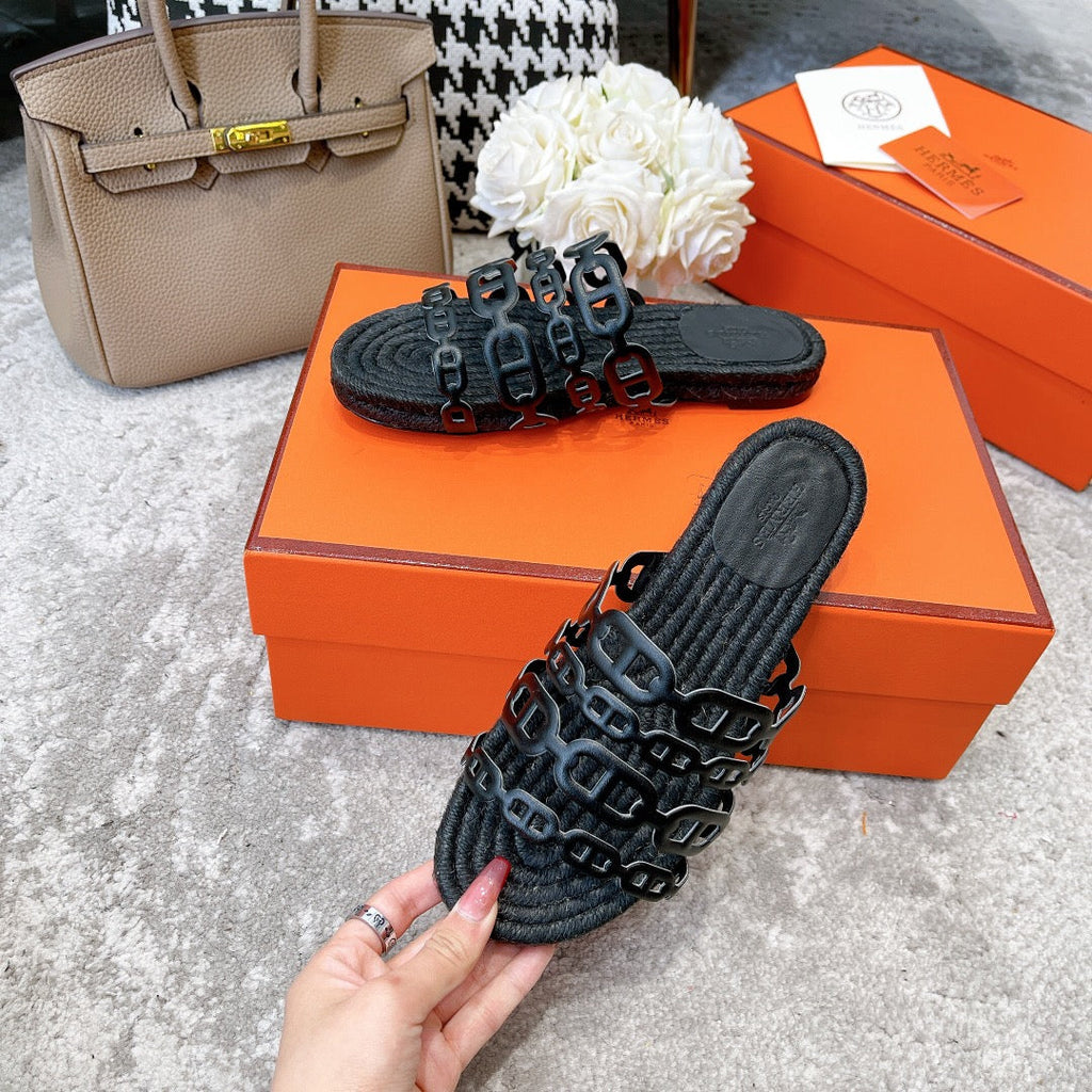 HERMES BLACK STRAW SOLE SLIPPERS BLACK LAMBSKIN
