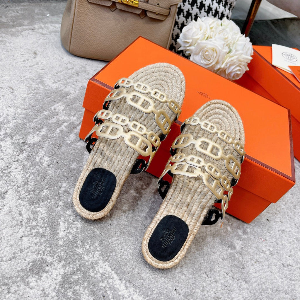 HERMES STRAW SOLE SLIPPERS METALLIC GOLD LAMBSKIN