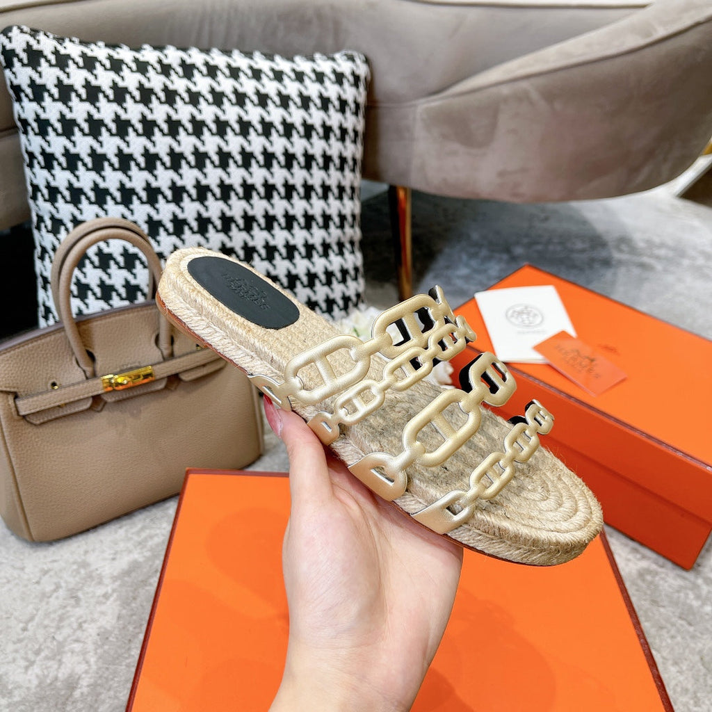 HERMES STRAW SOLE SLIPPERS METALLIC GOLD LAMBSKIN