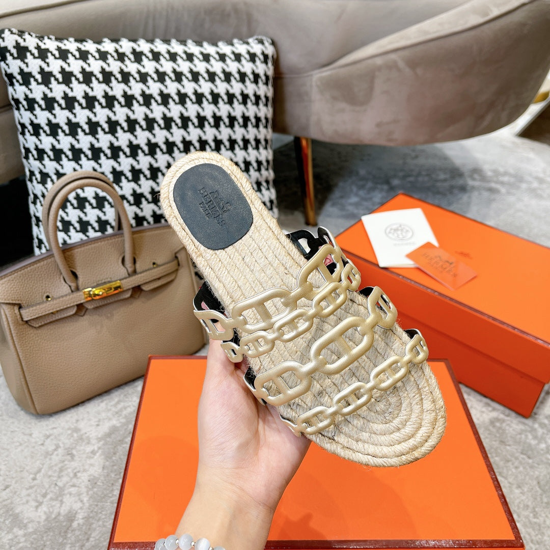 HERMES STRAW SOLE SLIPPERS METALLIC GOLD LAMBSKIN