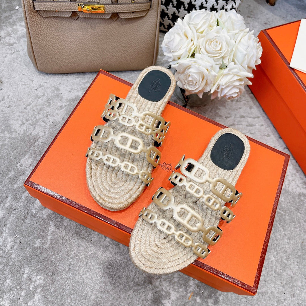 HERMES STRAW SOLE SLIPPERS METALLIC GOLD LAMBSKIN