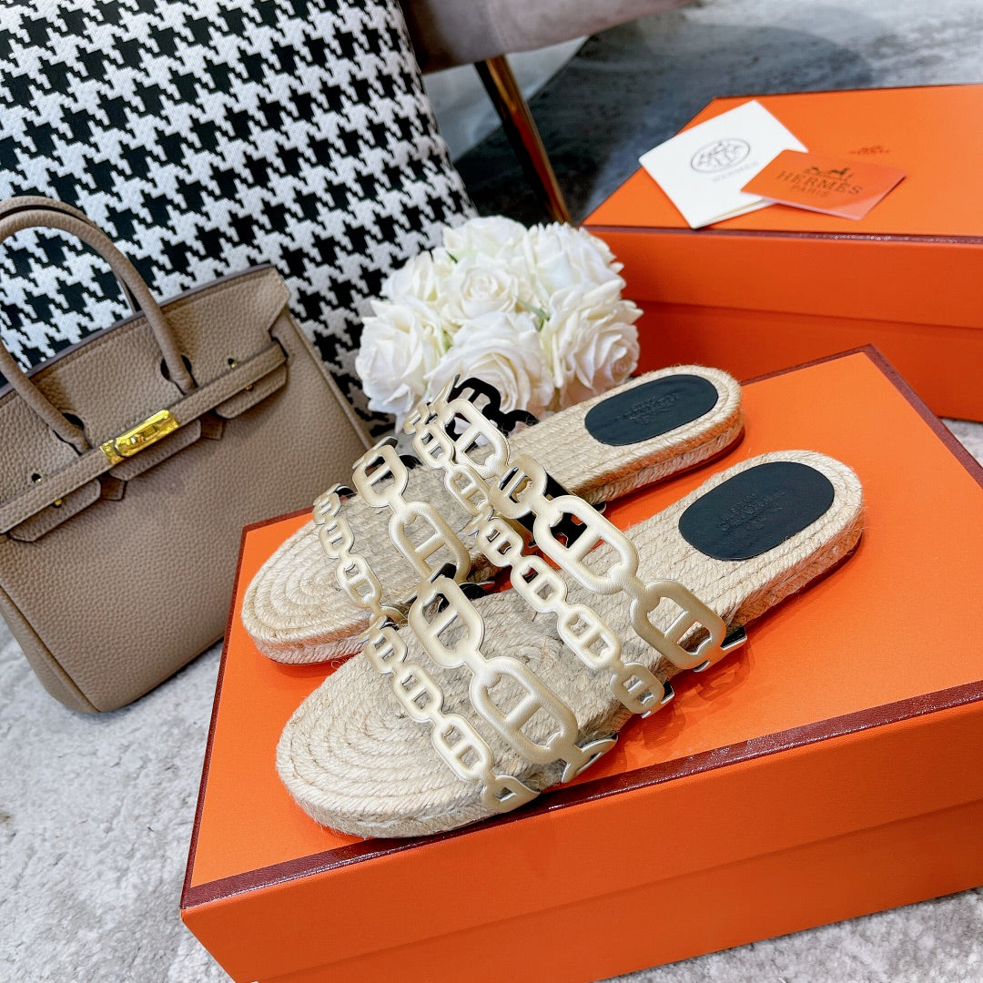 HERMES STRAW SOLE SLIPPERS METALLIC GOLD LAMBSKIN