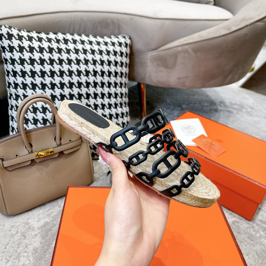 HERMES STRAW SOLE SLIPPERS BLACK LAMBSKIN