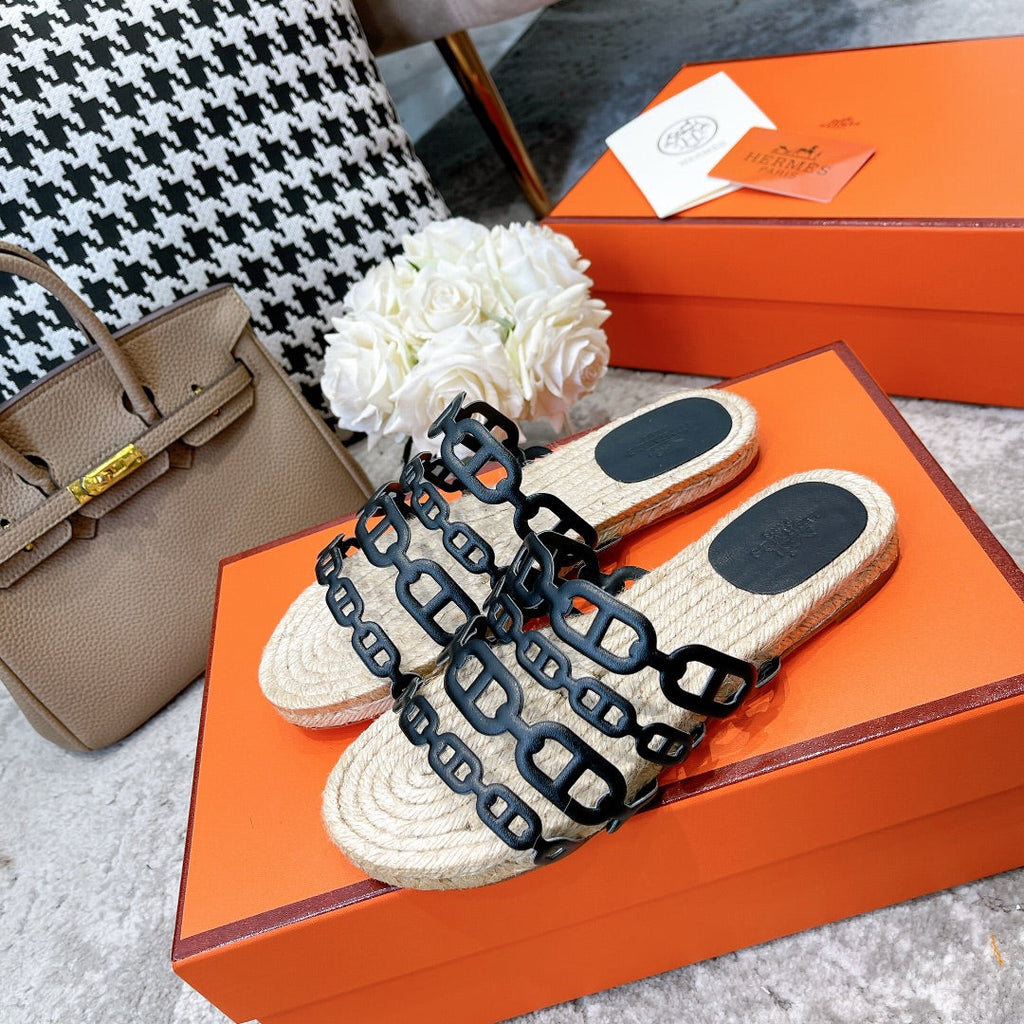 HERMES STRAW SOLE SLIPPERS BLACK LAMBSKIN