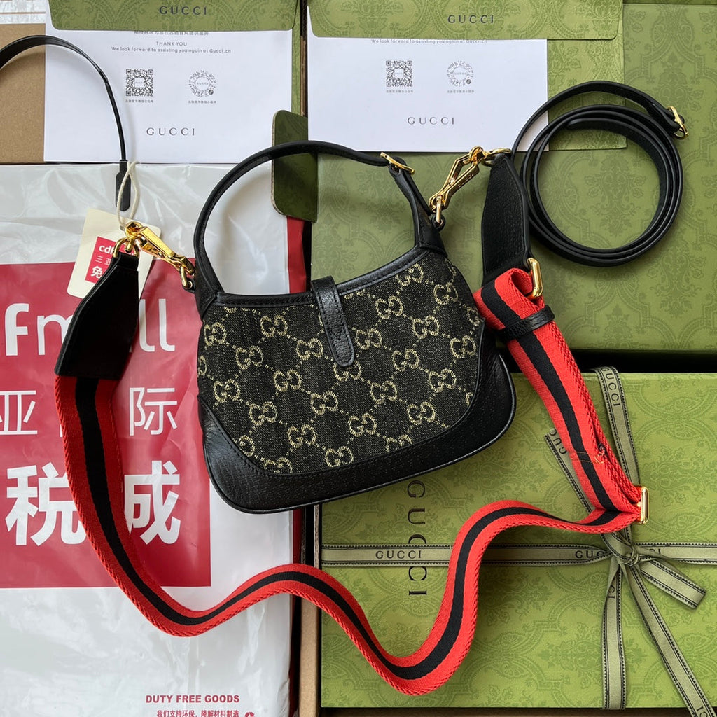 GUCCI JACKIE 1961 SMALL HANDBAG 19 IN BLACK YELLOW DENIM AND BLACK CALFSKIN TRIM GOLD HARDWARE