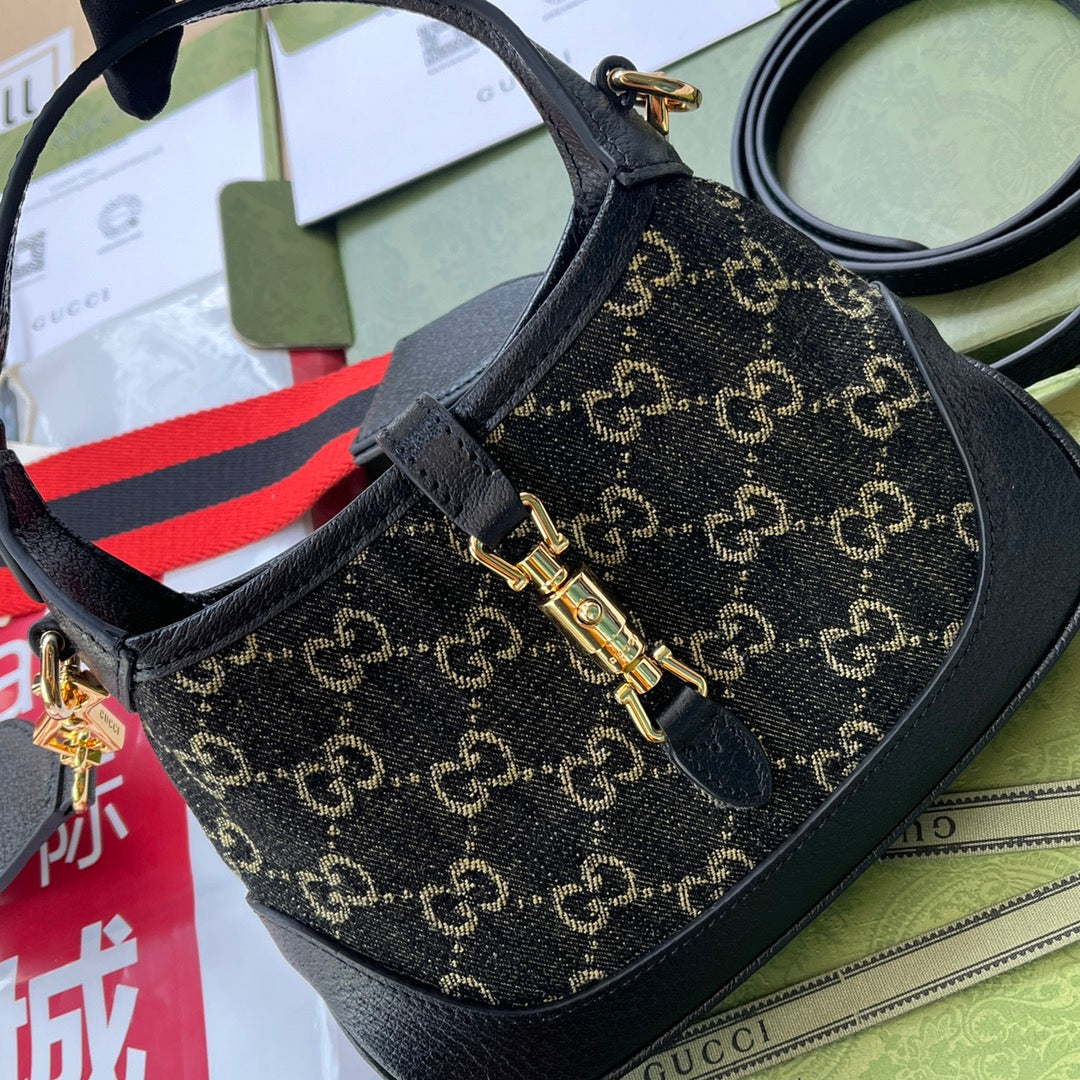 GUCCI JACKIE 1961 SMALL HANDBAG 19 IN BLACK YELLOW DENIM AND BLACK CALFSKIN TRIM GOLD HARDWARE