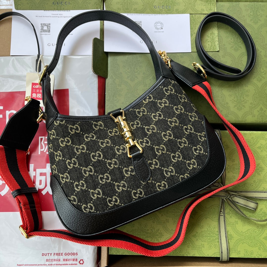 GUCCI JACKIE 1961 SHOULDER BAG 28 IN BLACK YELLOW DENIM AND BLACK CALFSKIN TRIM GOLD HARDWARE