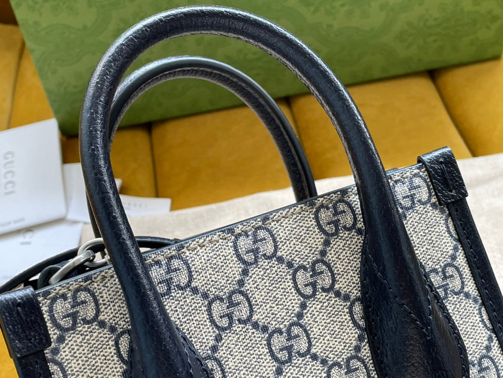 GUCCI MINI TOTE  20 BAG IN BEIGE CANVAS AND BLACK CALFSKIN