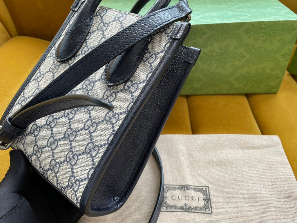 GUCCI MINI TOTE  20 BAG IN BEIGE CANVAS AND BLACK CALFSKIN