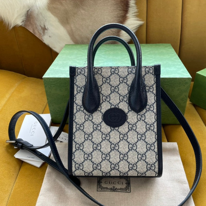 GUCCI MINI TOTE  20 BAG IN BEIGE CANVAS AND BLACK CALFSKIN