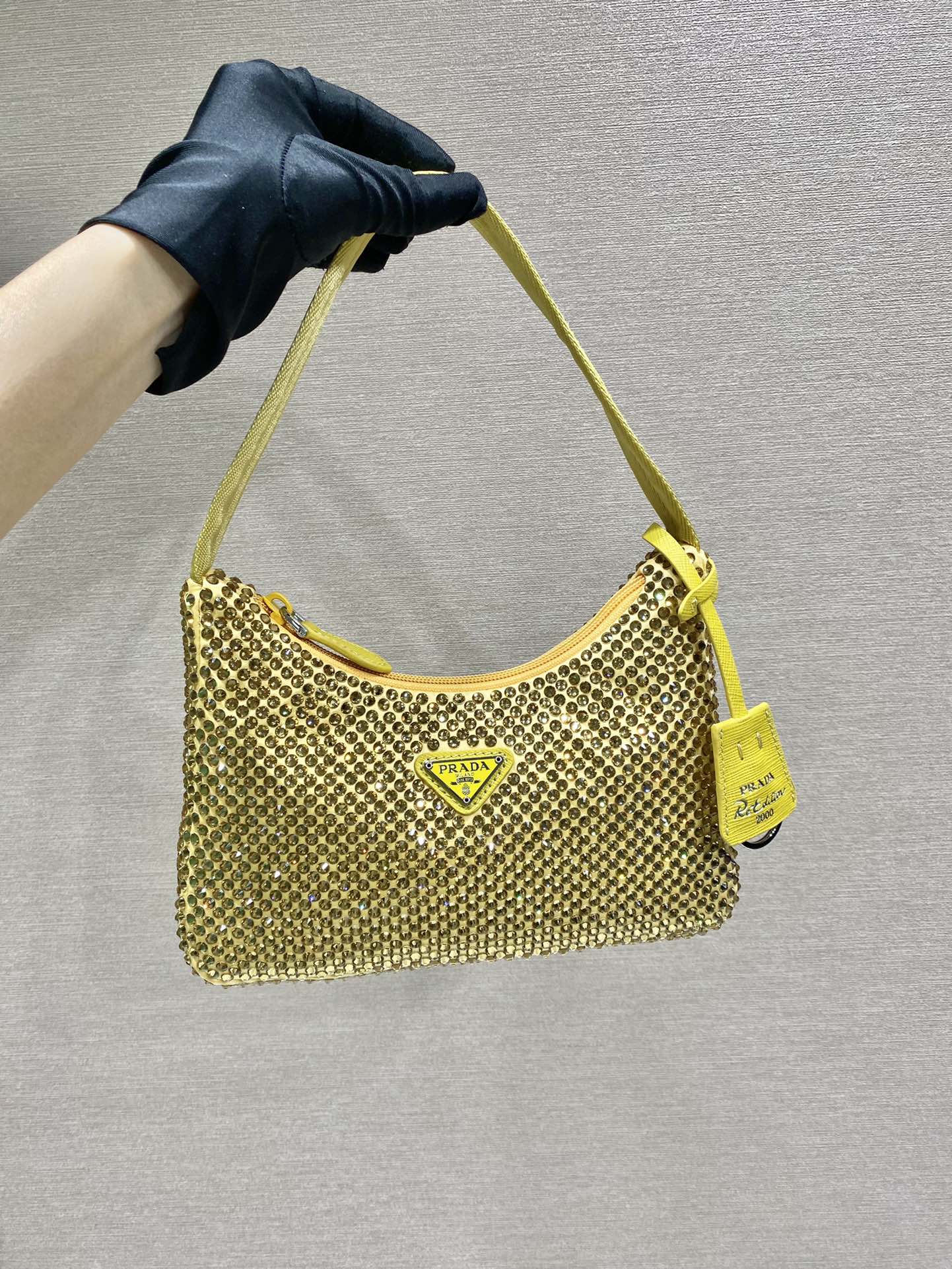 PRADA SPARKLING HOBO BAG 23 IN YELLOW NYLON ATTACHED FULLY CRYSTALS