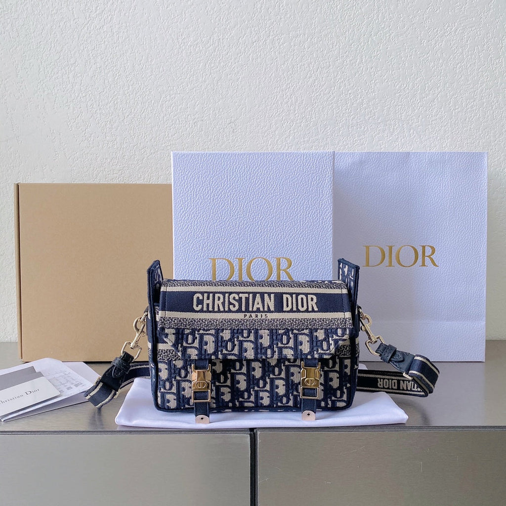 DIOR SMALL CAMP BAG 23 OBLIQUE BLUE EMBROIDERY