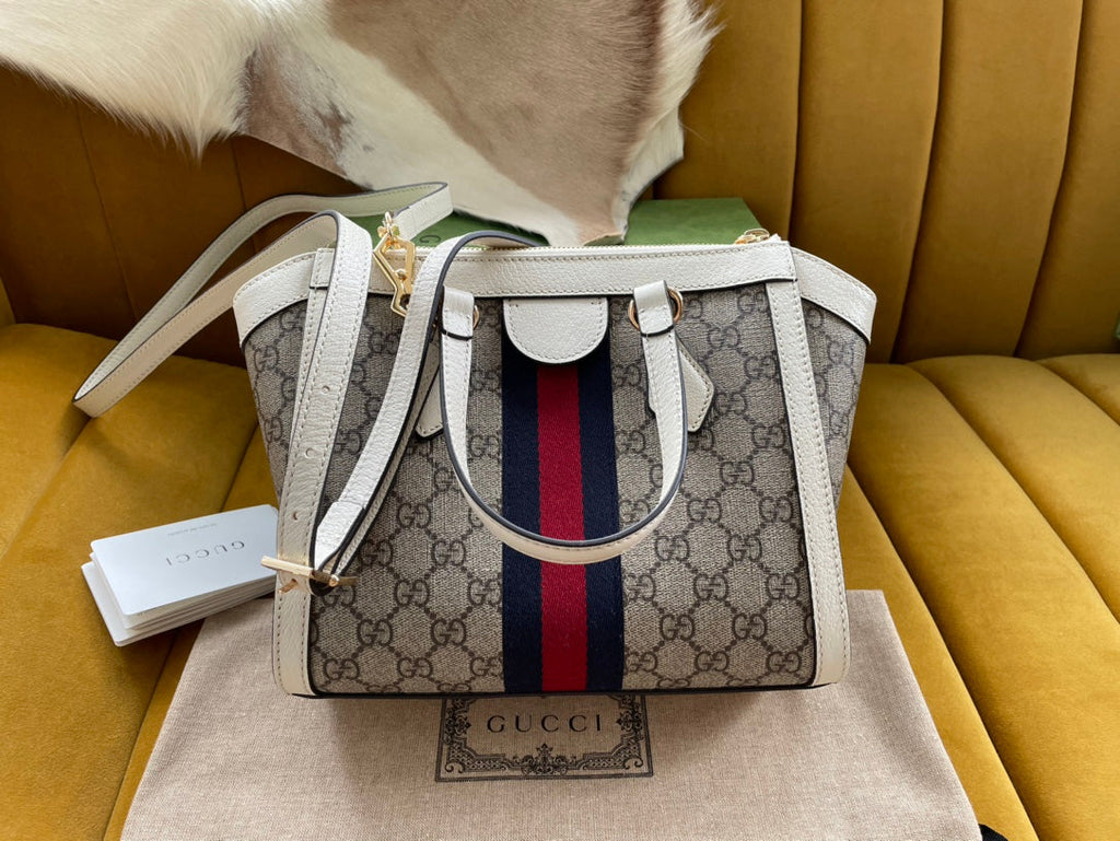 GUCCI OPHIDIA 24 TOTE IN BEIGE CANVAS AND WHITE CALFSKIN