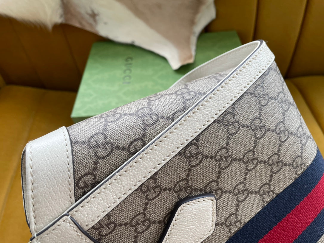 GUCCI OPHIDIA 24 TOTE IN BEIGE CANVAS AND WHITE CALFSKIN