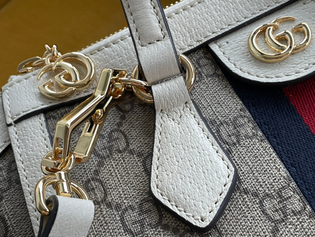 GUCCI OPHIDIA 24 TOTE IN BEIGE CANVAS AND WHITE CALFSKIN