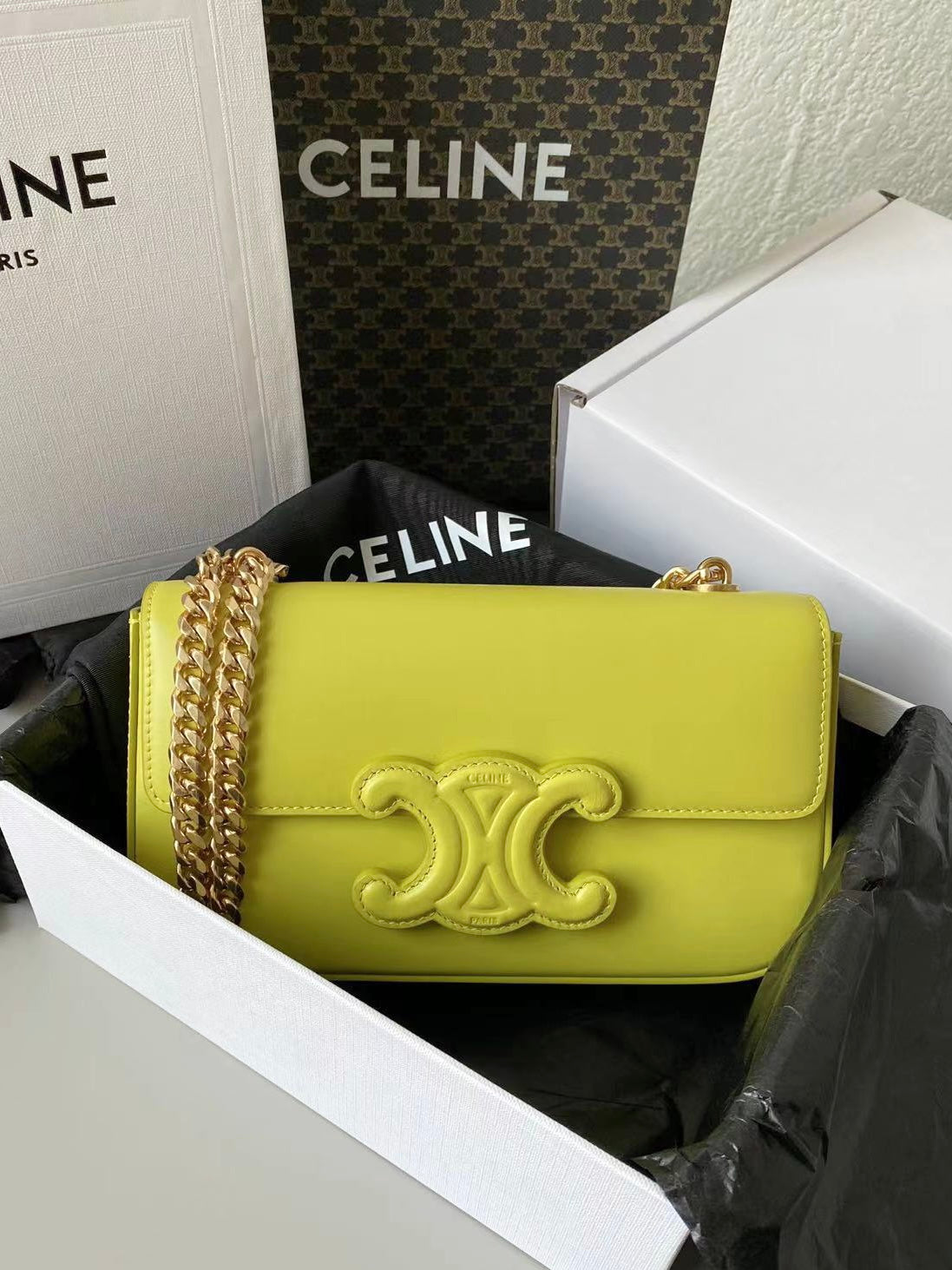 CELINE 20 CHAIN EMBOSSED ARMPIT BAG CHARTREUSE YELLOW CALFSKIN